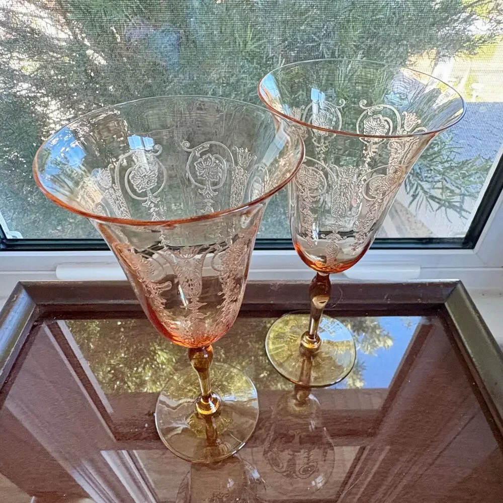 Set of 2 1940s Vintage Etched Amber Stem Wine Goblets Art Deco Glass UV Red Glow